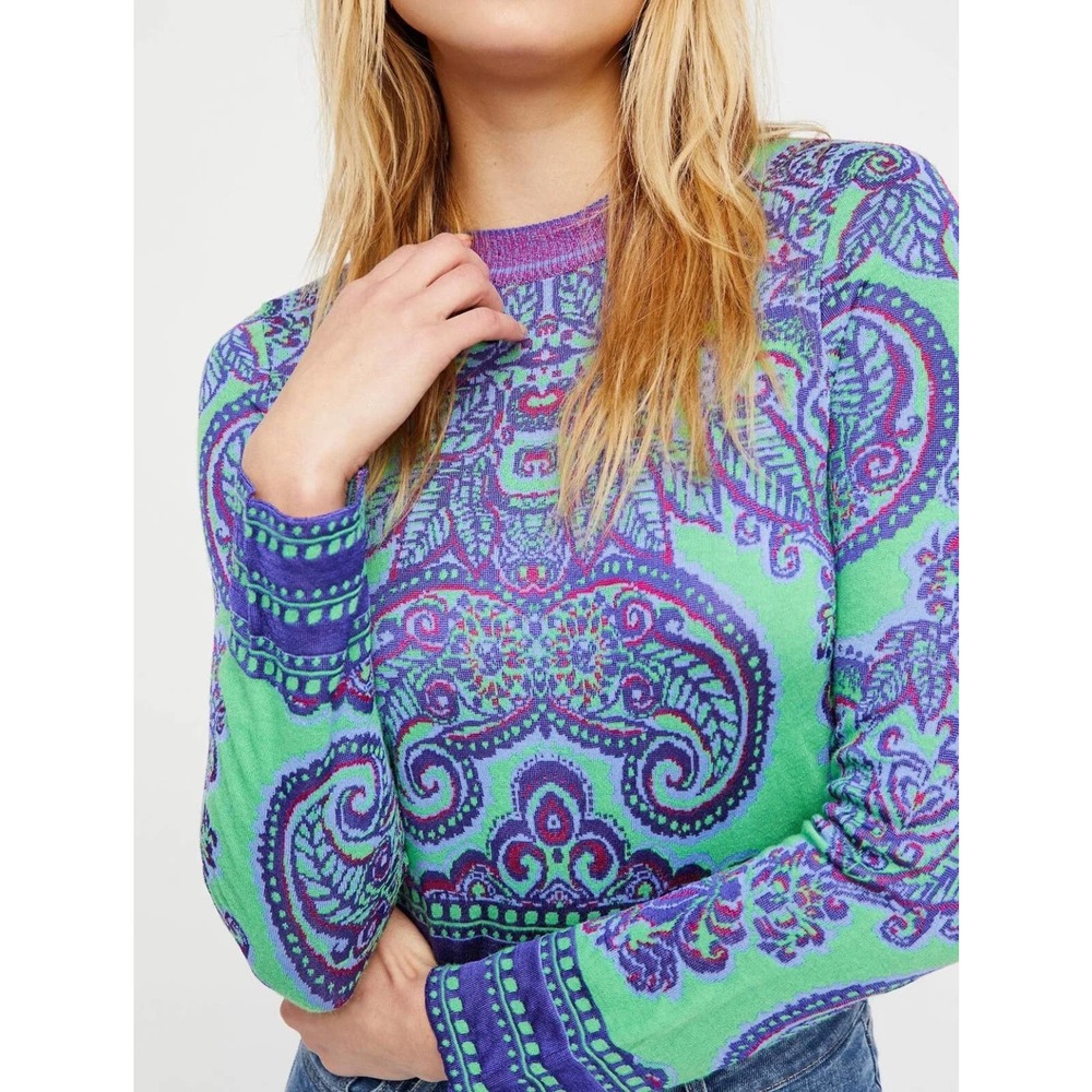 Free People New Age Crewneck Sweater Green Paisley Size L - Picture 2 of 13